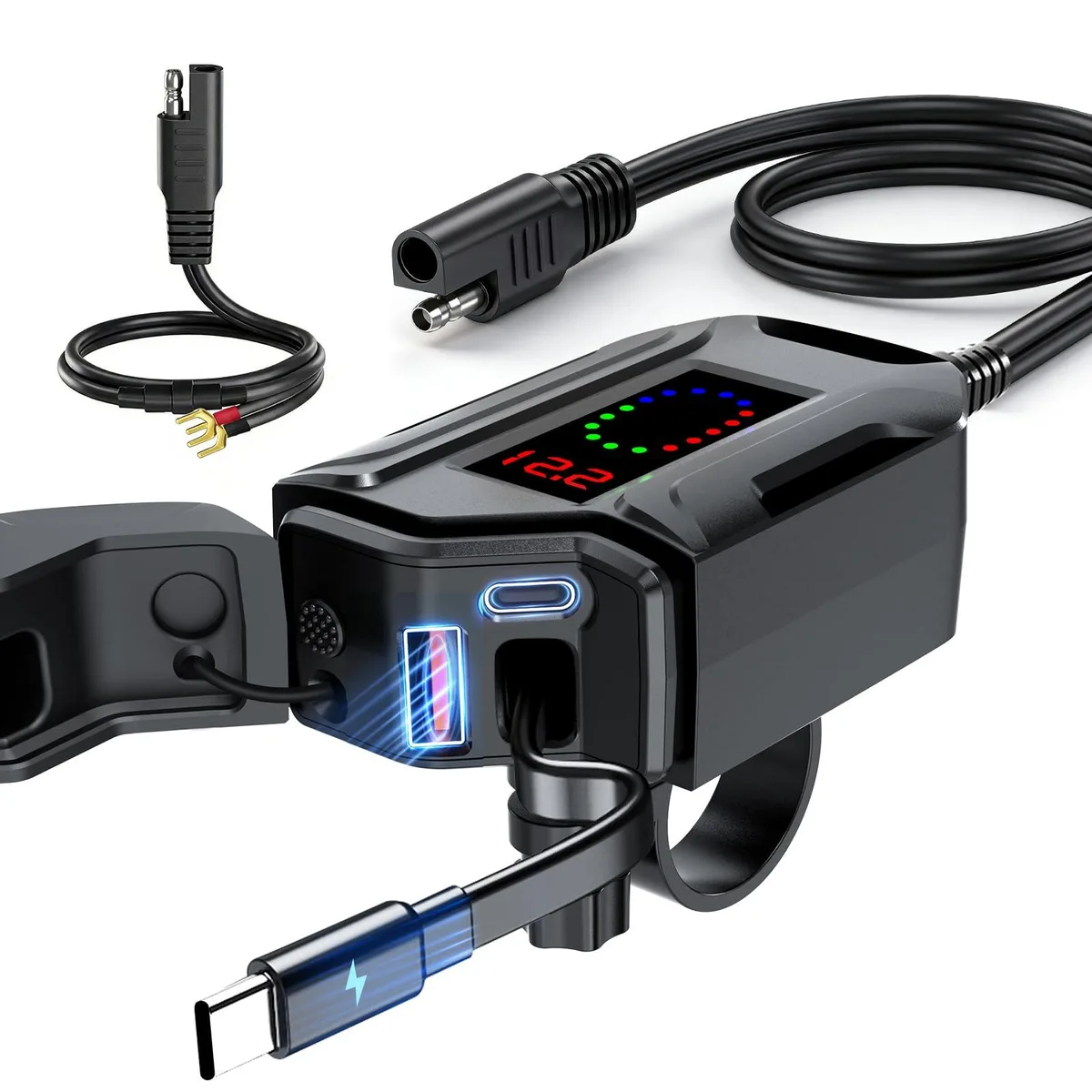 Compact black motorcycle USB charger with retractable cable and LED voltmeter display