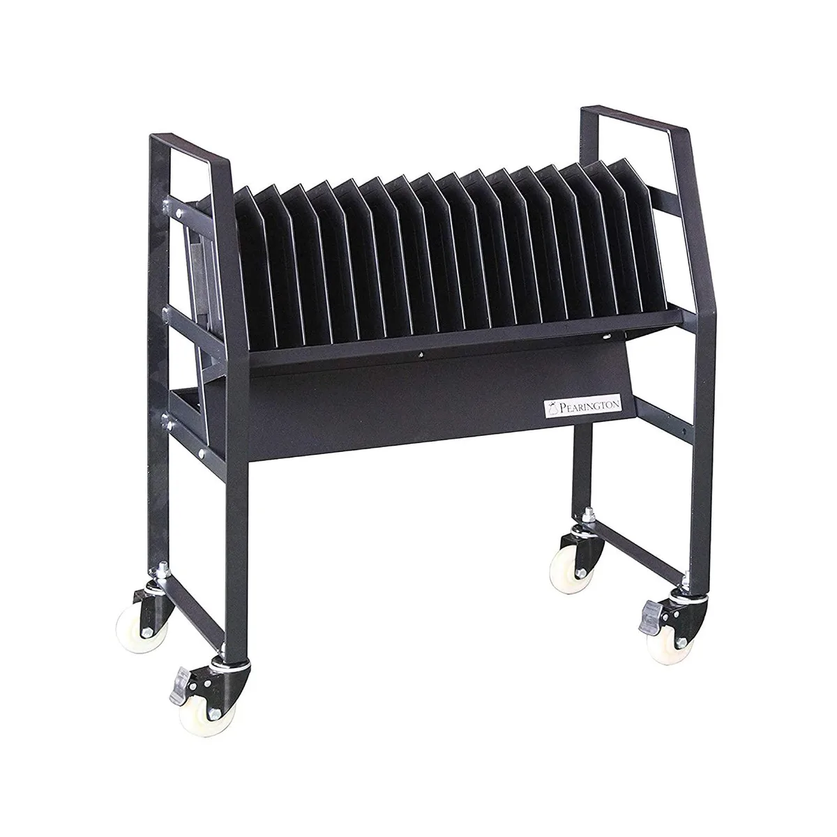 Open mobile cart with 16 padded device slots, four casters, two locking, built-in cable clips, surge-protected power strip