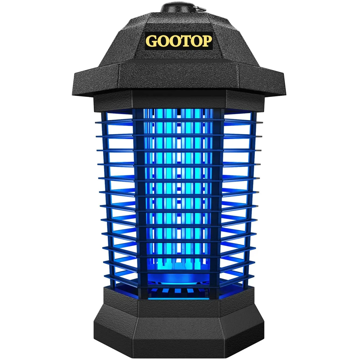 Black rectangular bug zapper with hanging ring and removable tray, 7.5 by 6.7 by 12 inches