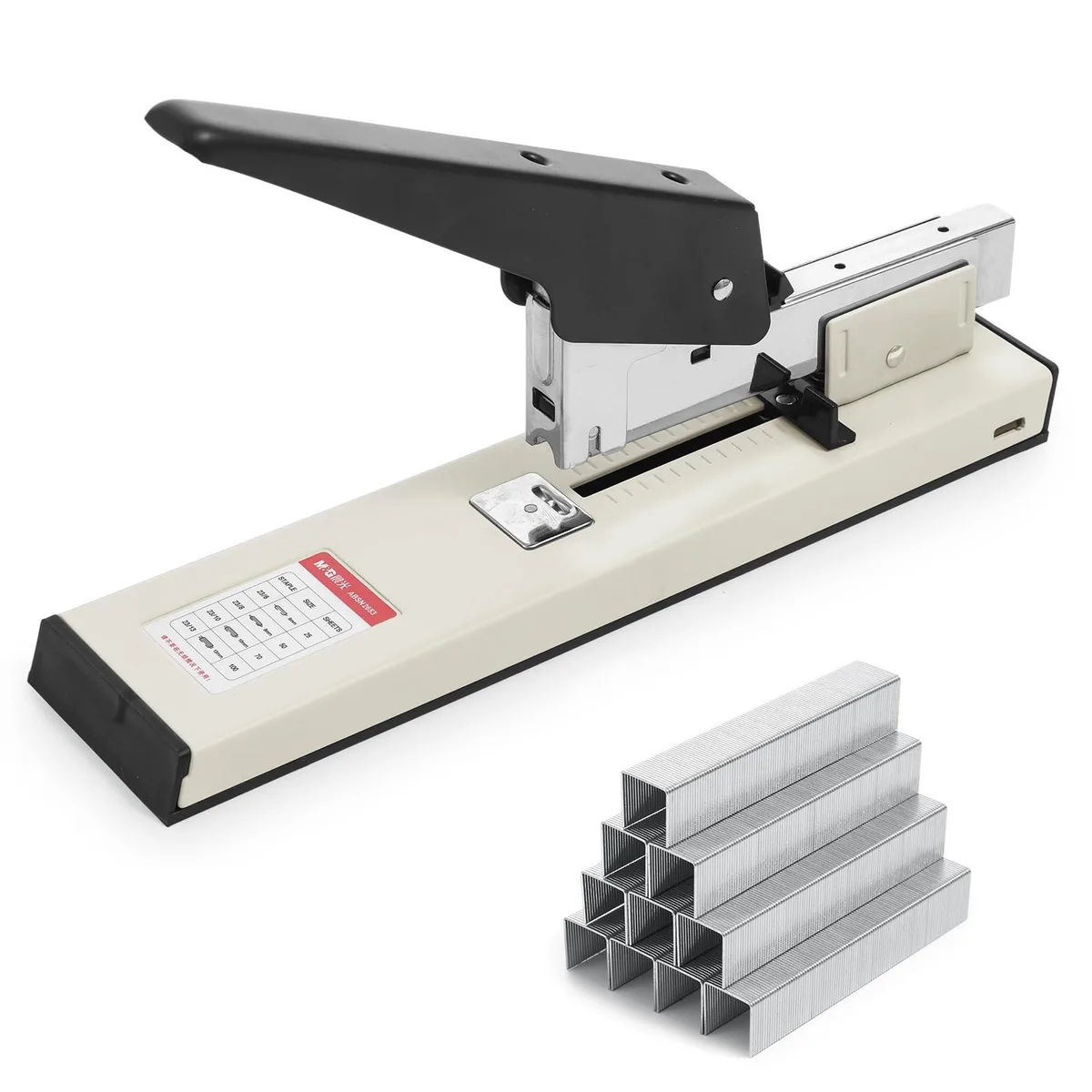 White metal heavy-duty stapler with large base, manual trigger, 100-sheet capacity