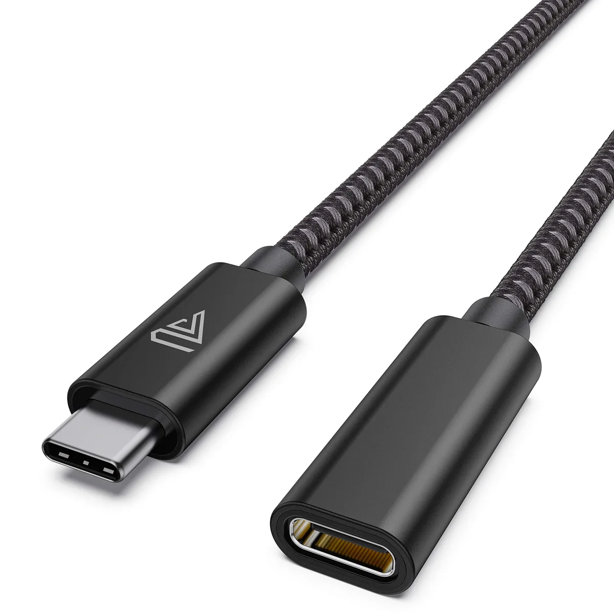 Black USB-C male-to-female extension cable, nylon braided, aluminium connectors, one foot long