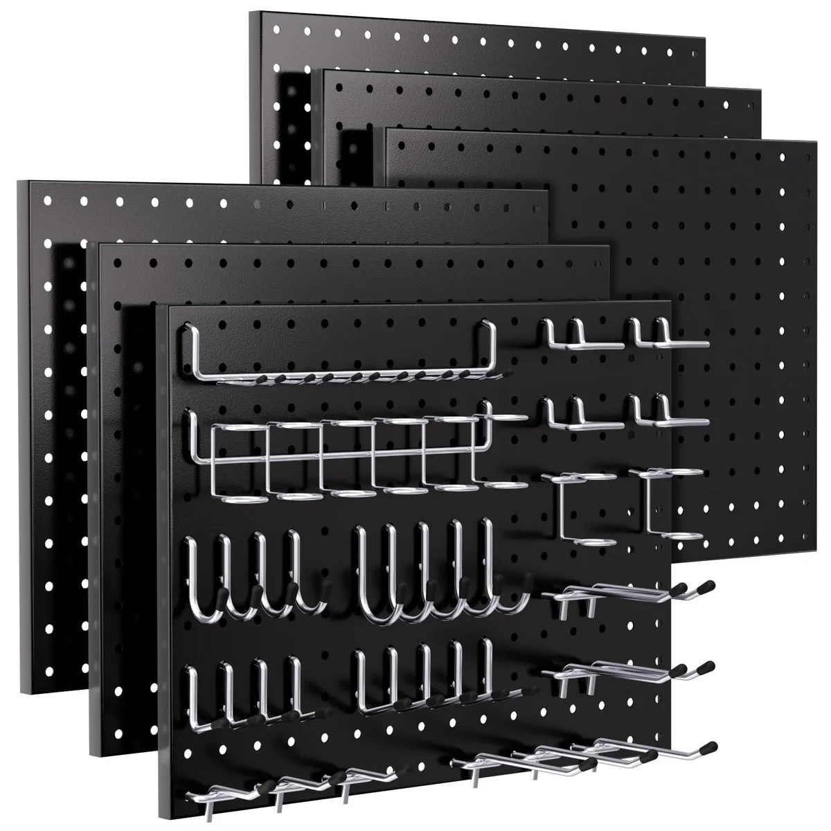 Six black galvanized metal panels with hooks and hardware