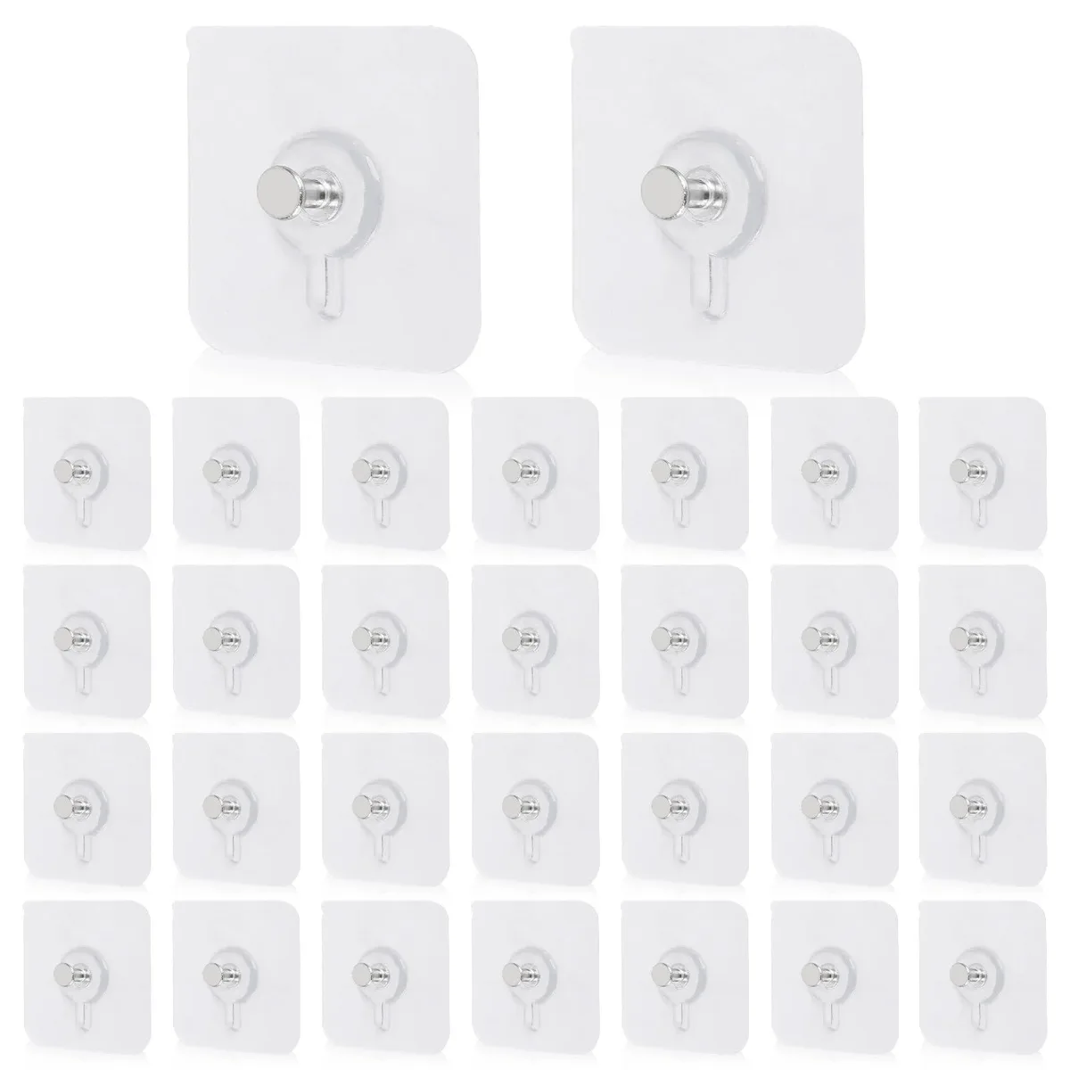 Pack of 30 clear plastic wall hooks with stainless steel hooks, 2.2 inch base, 11 lb capacity