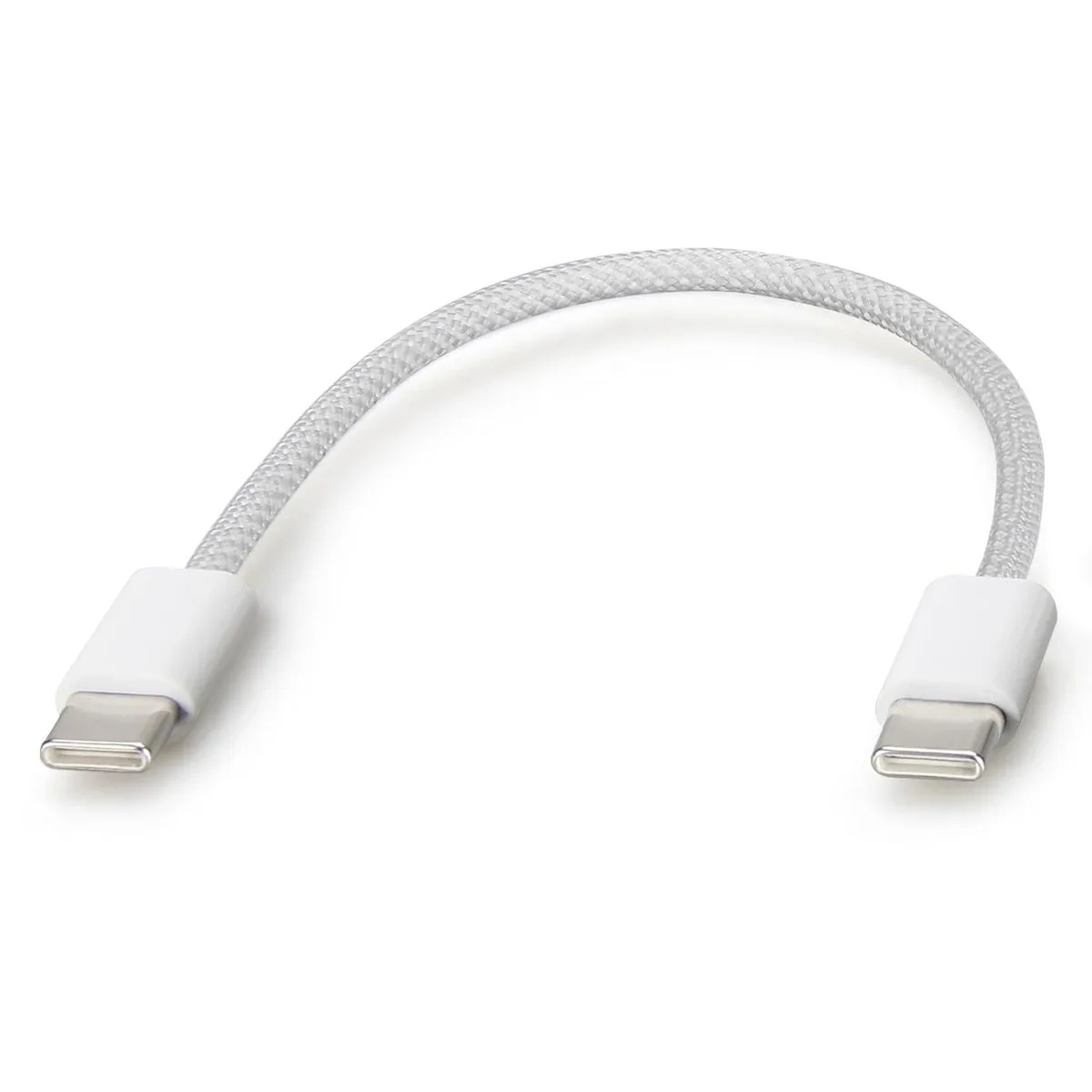 White braided USB-C to USB-C cable, six inches long