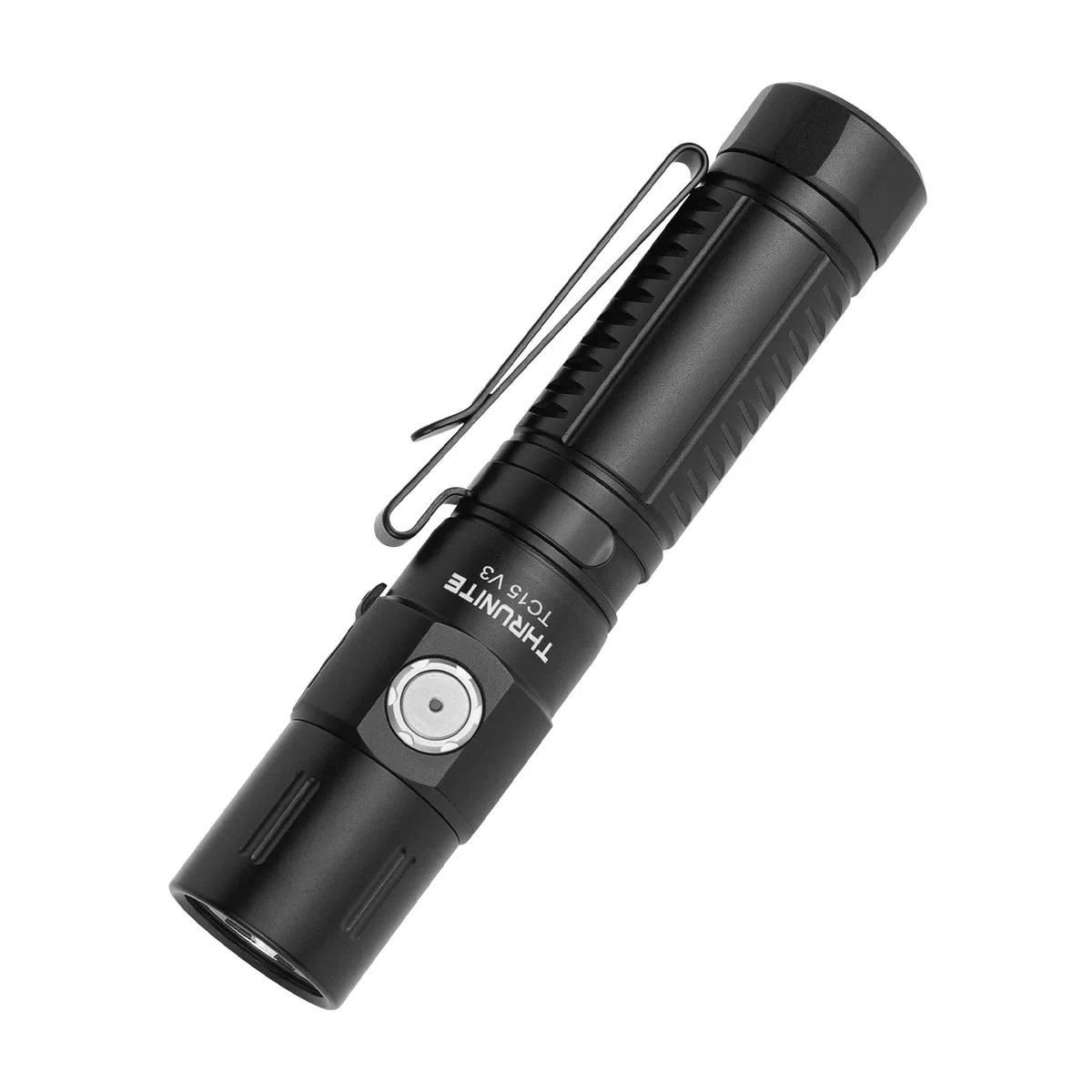 Cylindrical aluminium flashlight with USB-C port, pocket clip and side switch