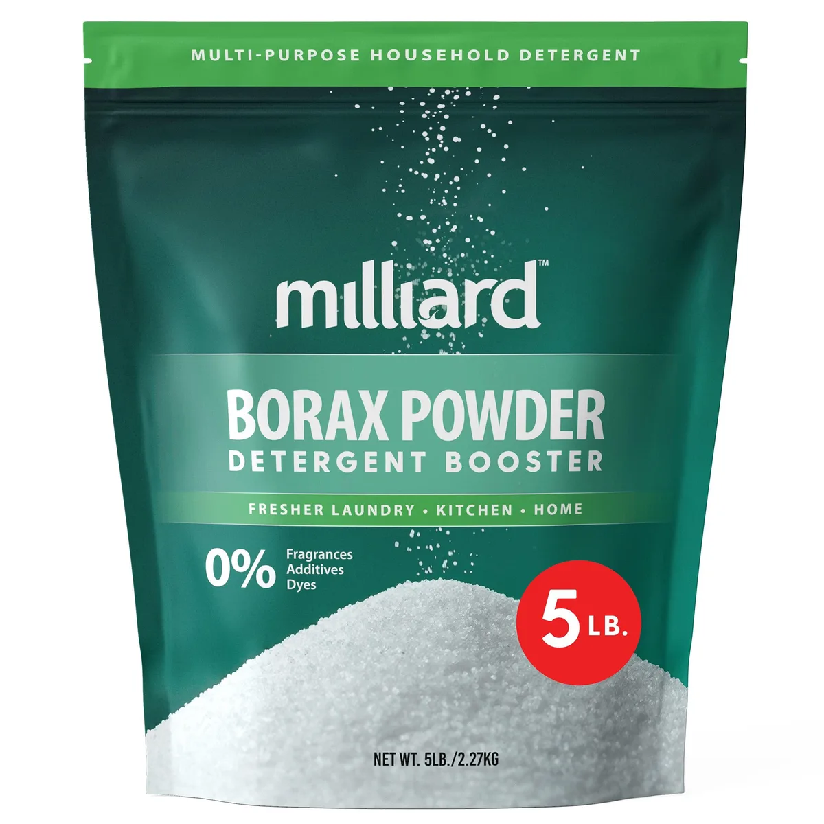 White resealable bag containing 5 lb of odourless borax powder