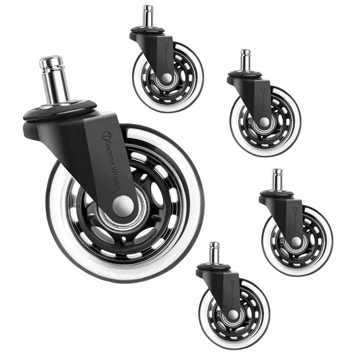 Five black office chair wheels with transparent accents, stem mount, 1.1 kg pack