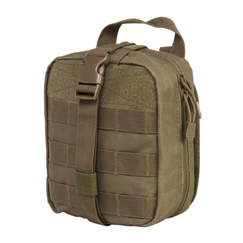 Tan MOLLE EMT pouch with tri-fold zippered main compartment and rip-away base
