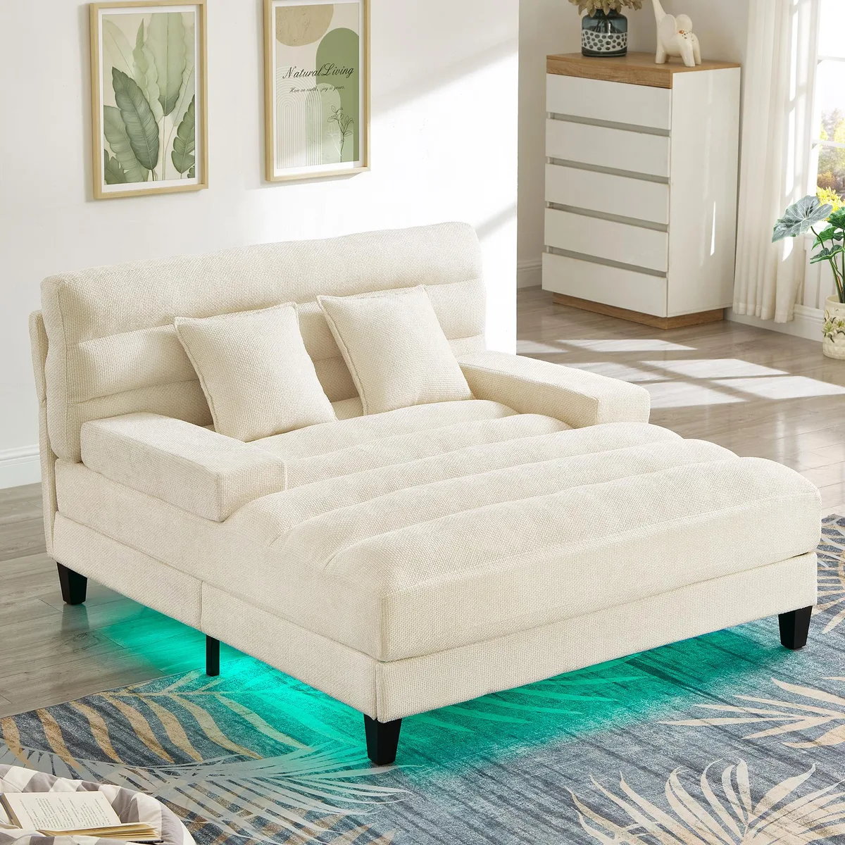 Beige chenille chaise lounge sofa with adjustable backrest and LED light strip