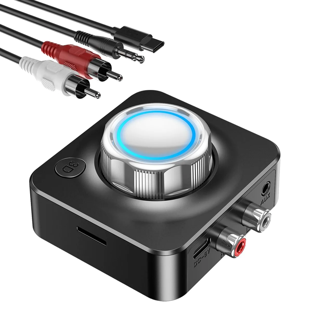 Small black square Bluetooth adapter with red and white RCA cables and 3.5mm jack