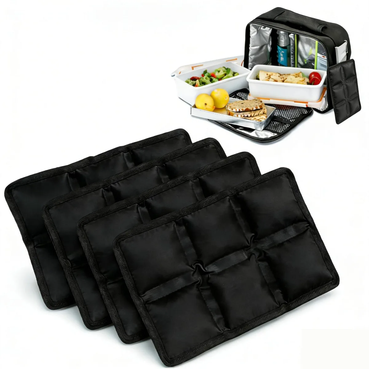 Four slim red silicone ice packs stacked together