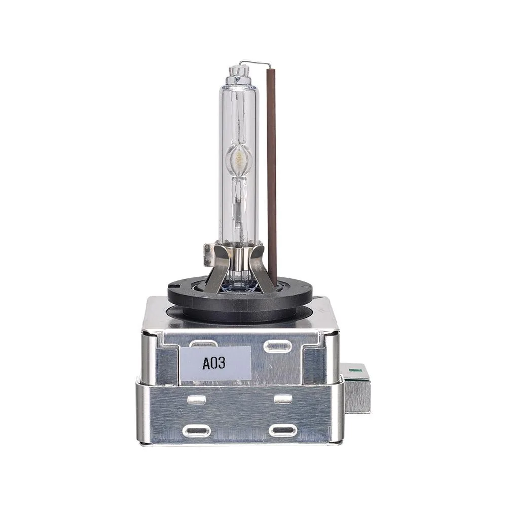 Clear glass HID bulb with metal base and arc electrodes