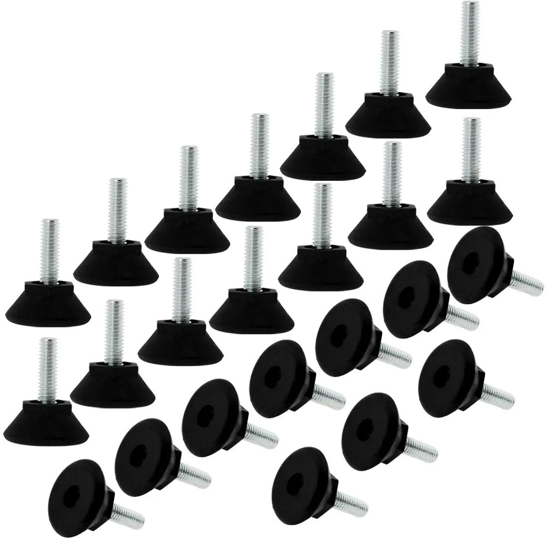 24 silver threaded feet with black plastic bases on a light surface