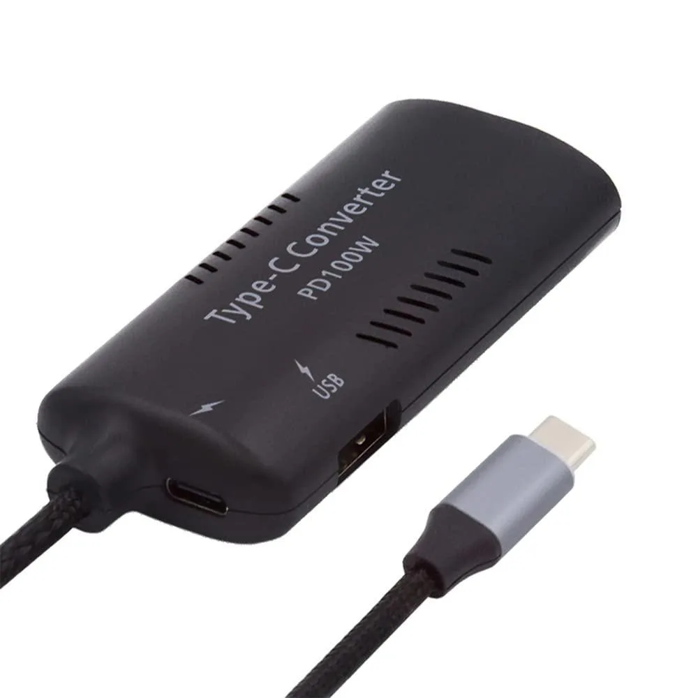 Black rectangular adapter with USB-C male plug, USB-C female and USB-A female ports