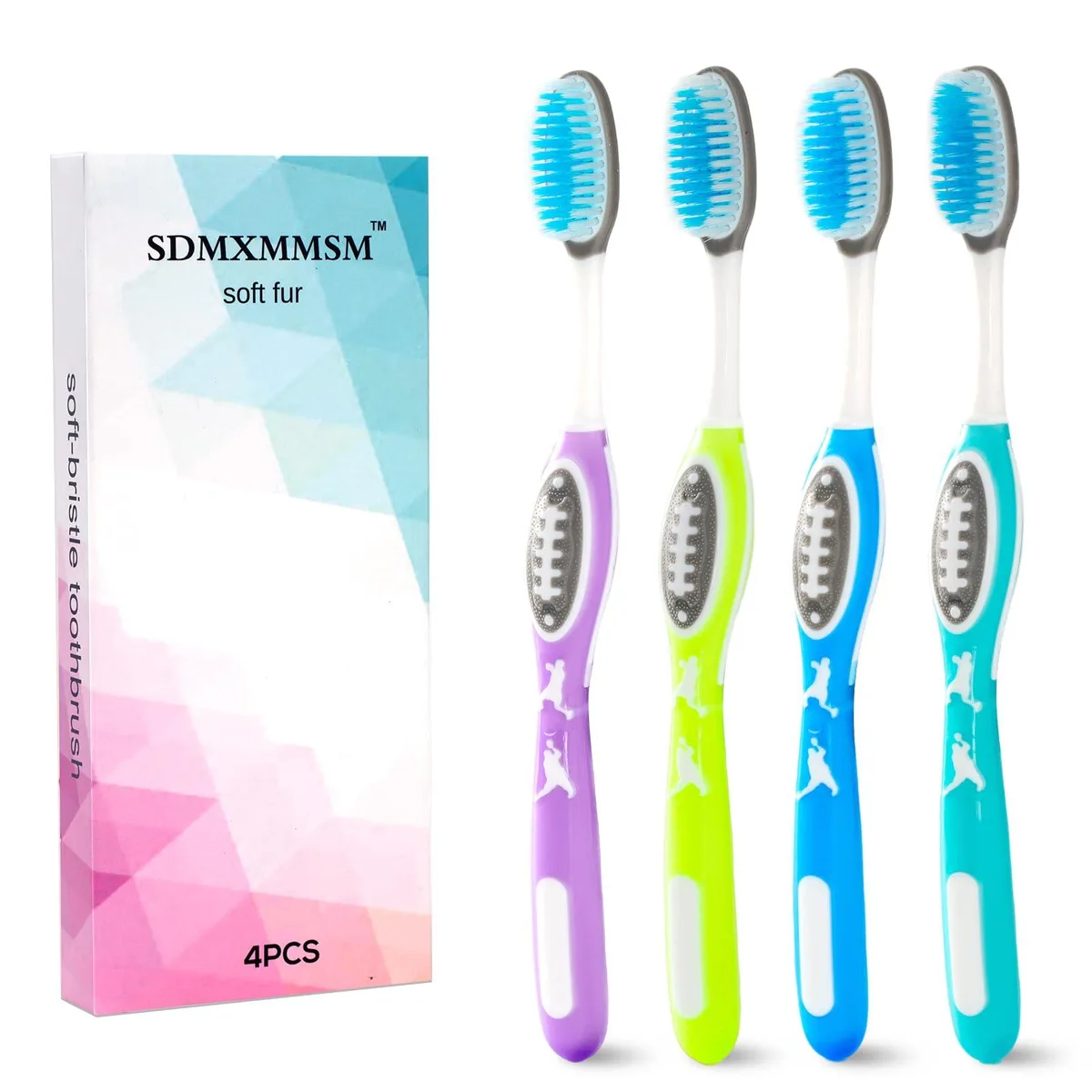 Four red manual toothbrushes with rugby-style handles and soft bristles