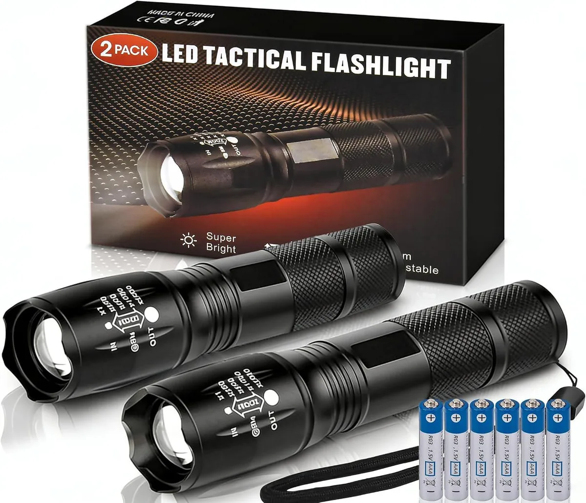Two black cylindrical LED flashlights side by side