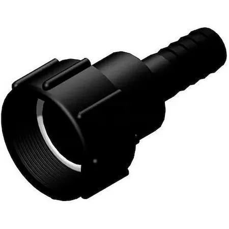 Reducing adapter connecting two-inch female NPT to one-inch hose barb with swivel ring