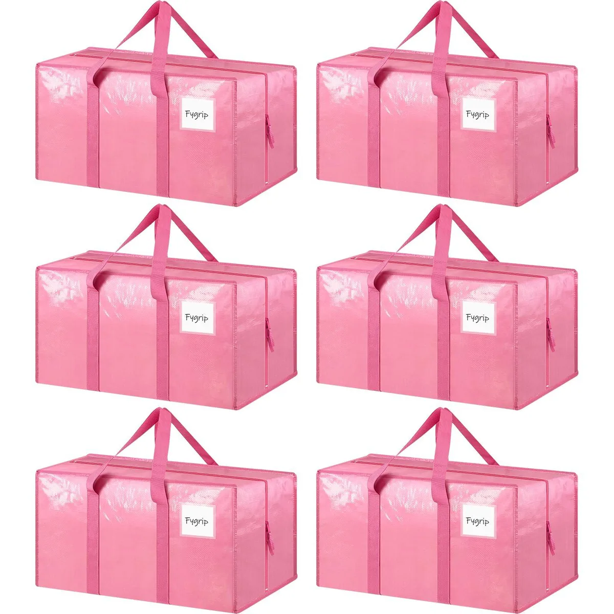 Six pink fabric storage bags with zippers and handles