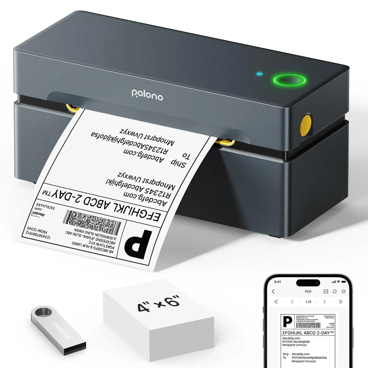 Grey rectangular thermal label printer with rounded edges and front label slot