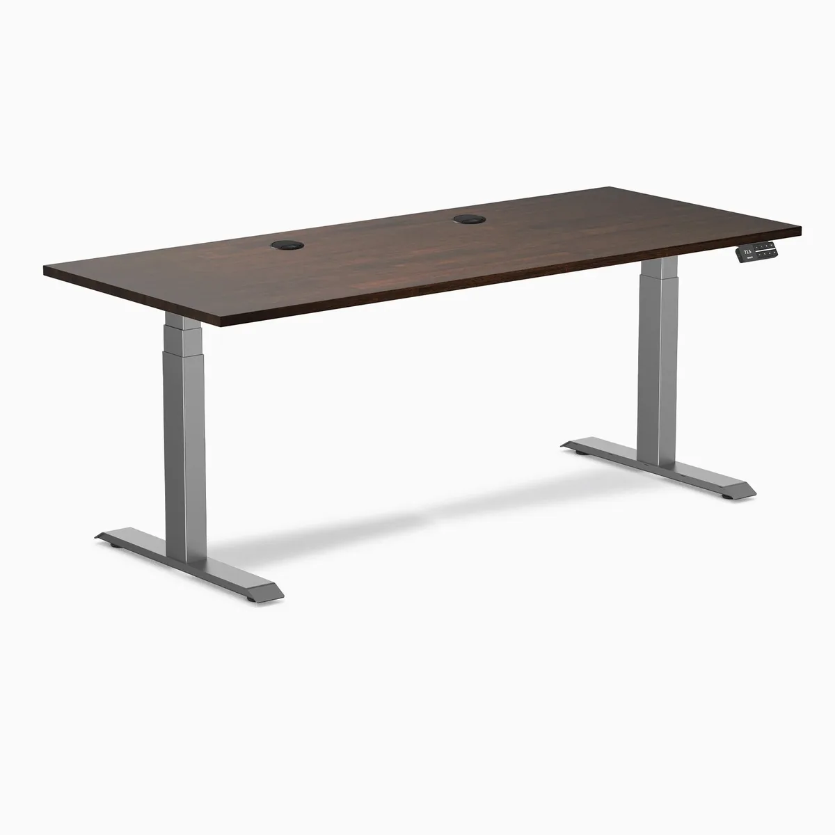 Desky Desky Dual Rubberwood Sit Stand Desk Dark Walnut 72 x 30 inches Grommets Space Grey office furniture — product photo