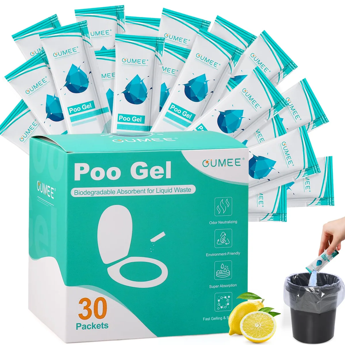 Cardboard box holding thirty small lemon-scented powder sachets