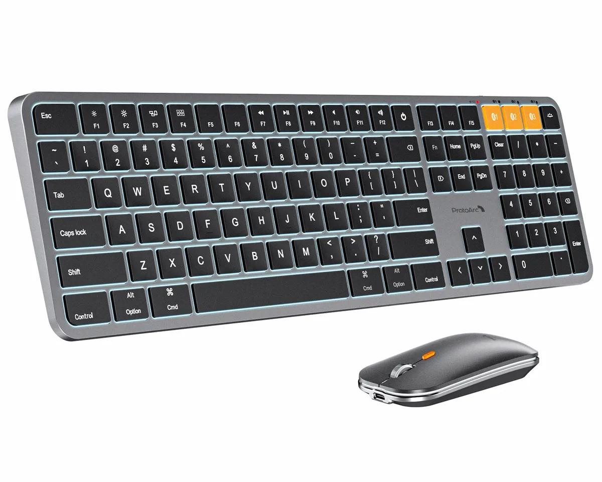 Space Gray full-size Bluetooth keyboard and matching mouse, ultra-slim .2 cm profile, white LED backlight, rechargeable via USB-C