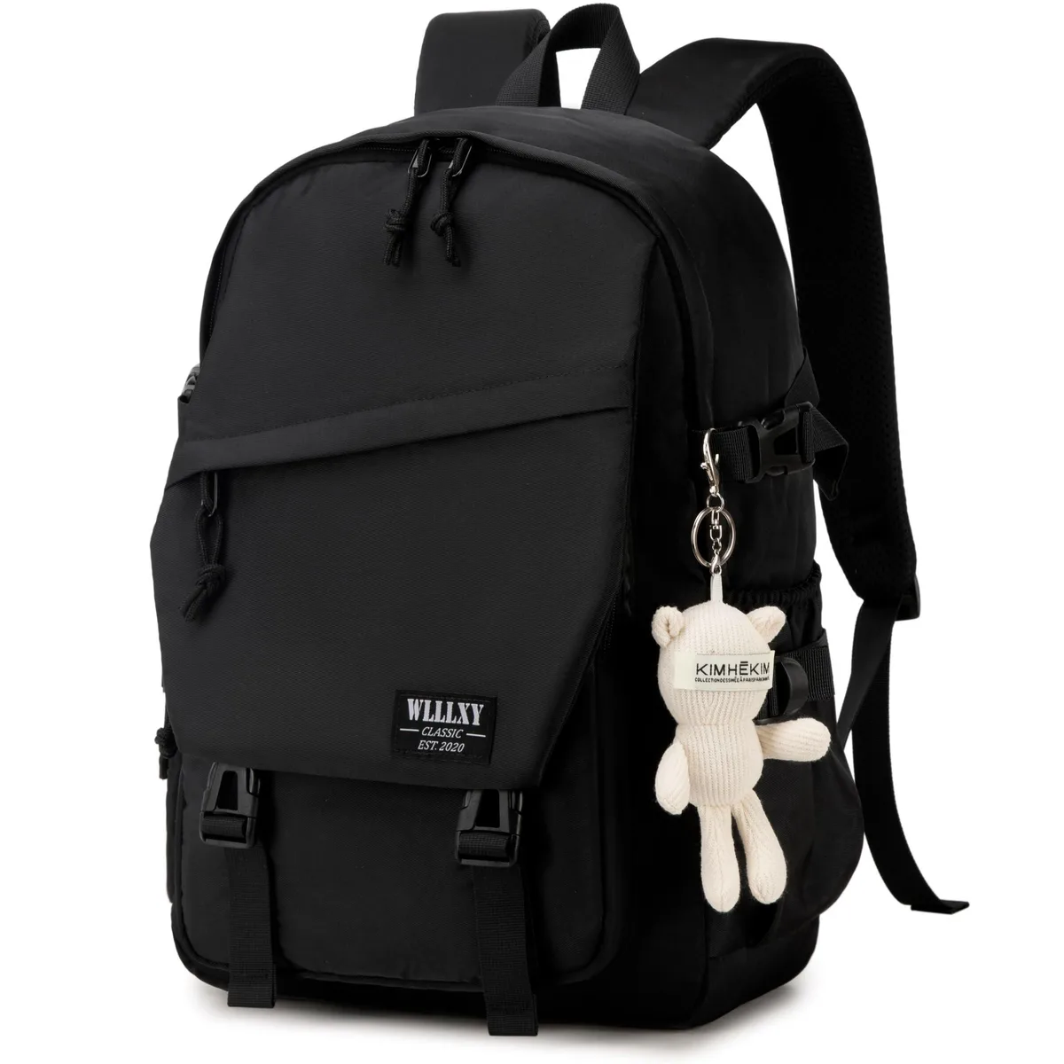 Black medium polyester backpack with padded 15.6 inch laptop sleeve and bear key pendant