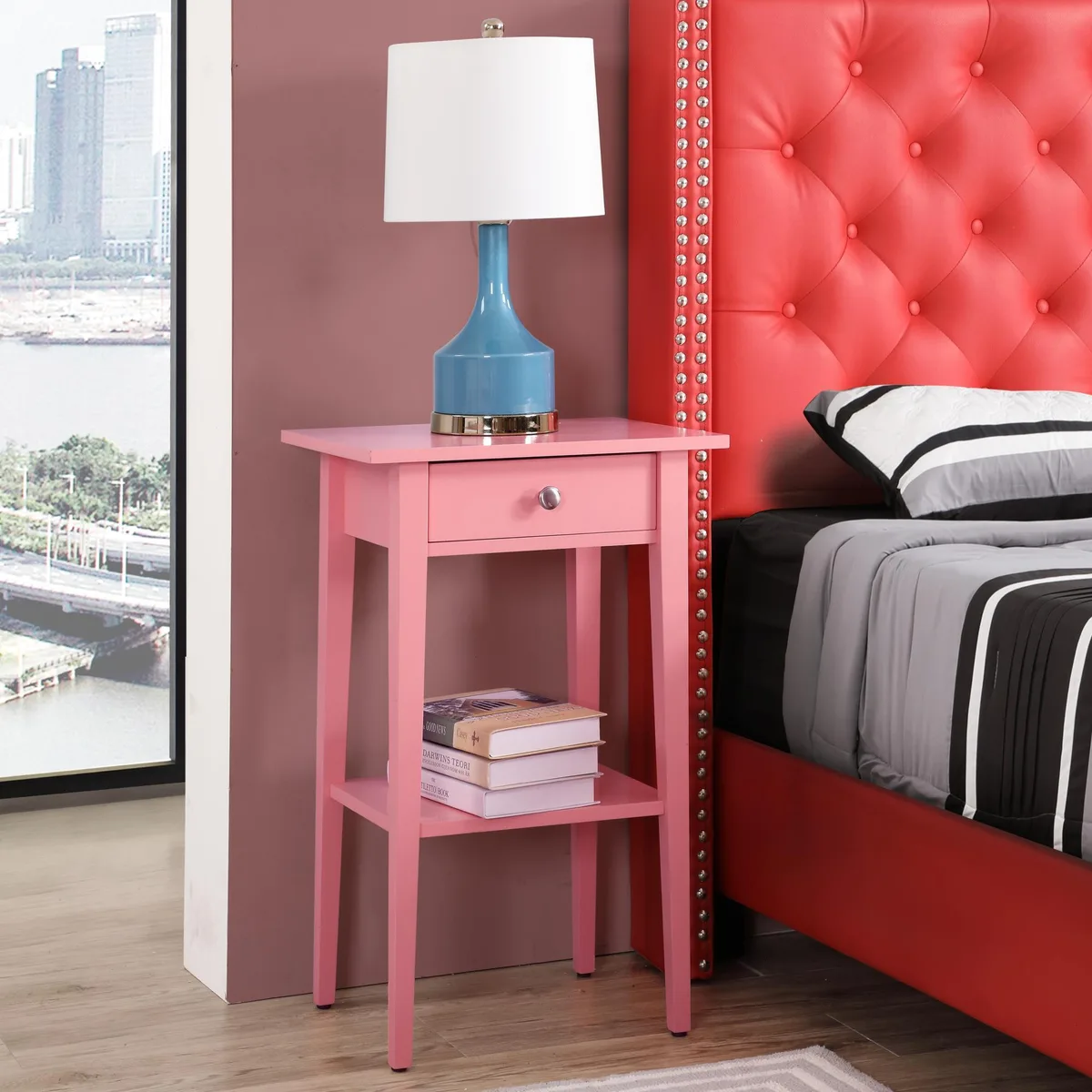 Pink contemporary nightstand with clean lines and smooth finish, 28 inches high, 18 wide, 14 deep