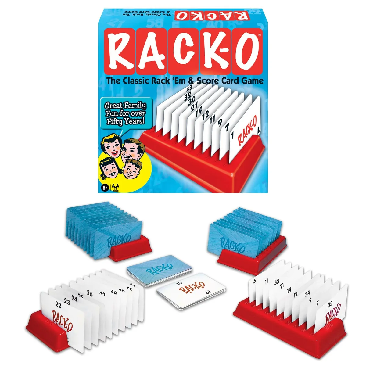 Rectangular card game box with retro graphics