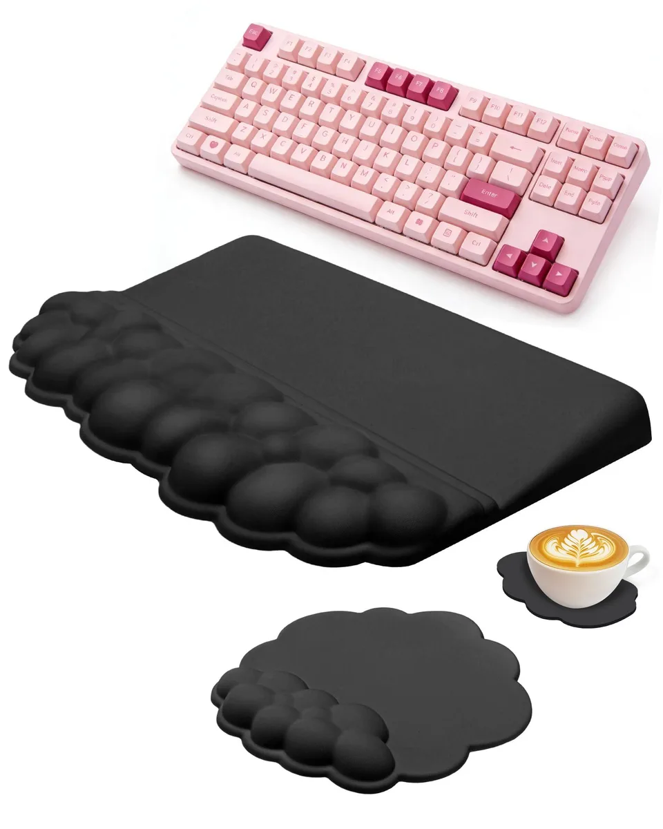 Black cloud-themed wrist rest set with keyboard stand, mouse pad and coaster, memory foam and Lycra surface