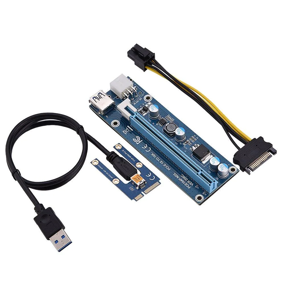 Black mini PCI-E to PCI-E 16x riser board with USB cable and SATA power connector