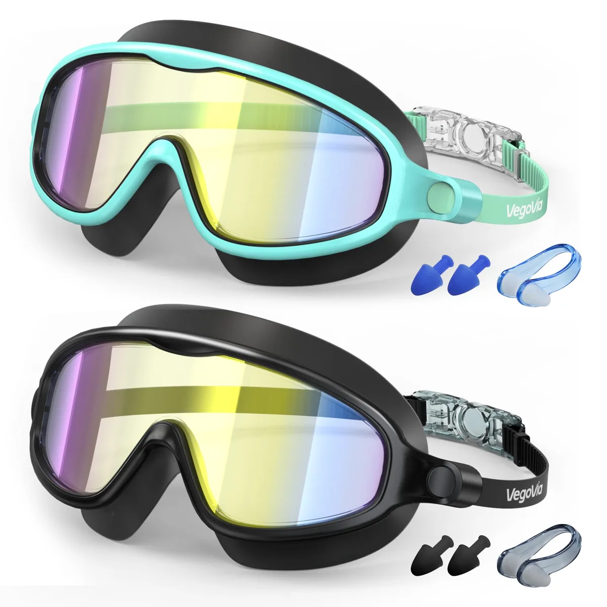  VegoVia 2 Pack Kids Swim Goggles 6-14 Black 180° Wide View — product photo