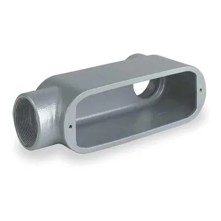 Gray aluminum LB conduit outlet body, powder coated finish, 90-degree threaded hub