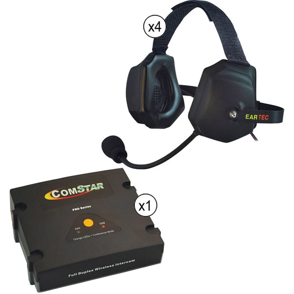 Wireless headset system with base station and four over-ear headsets