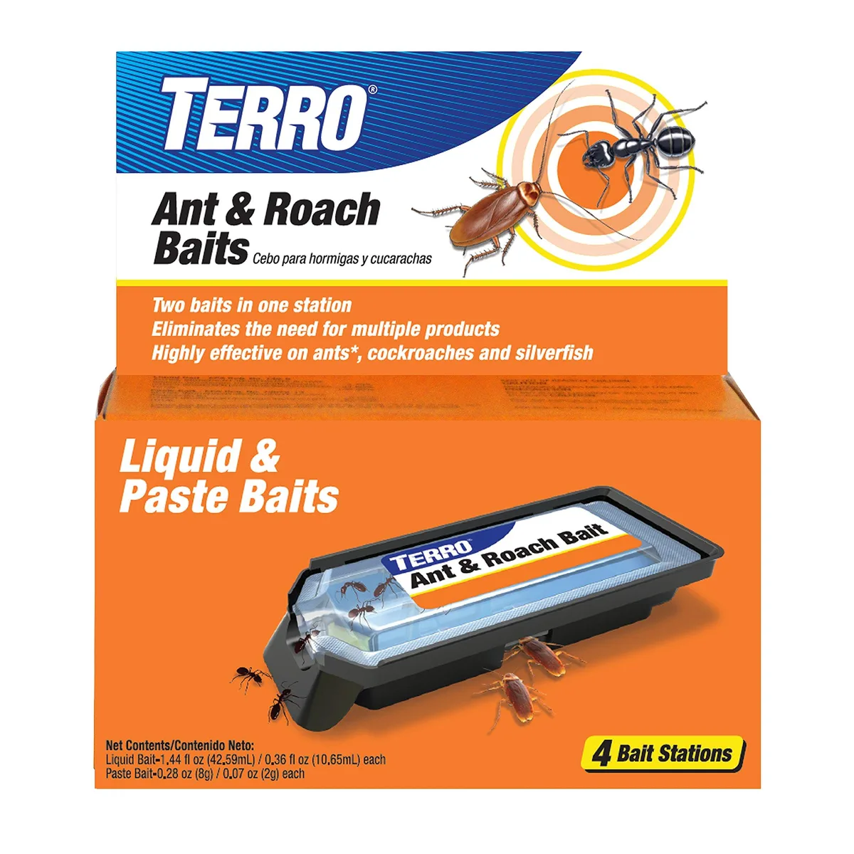 TERRO Ant & Roach Bait station, rectangular plastic, four-pack