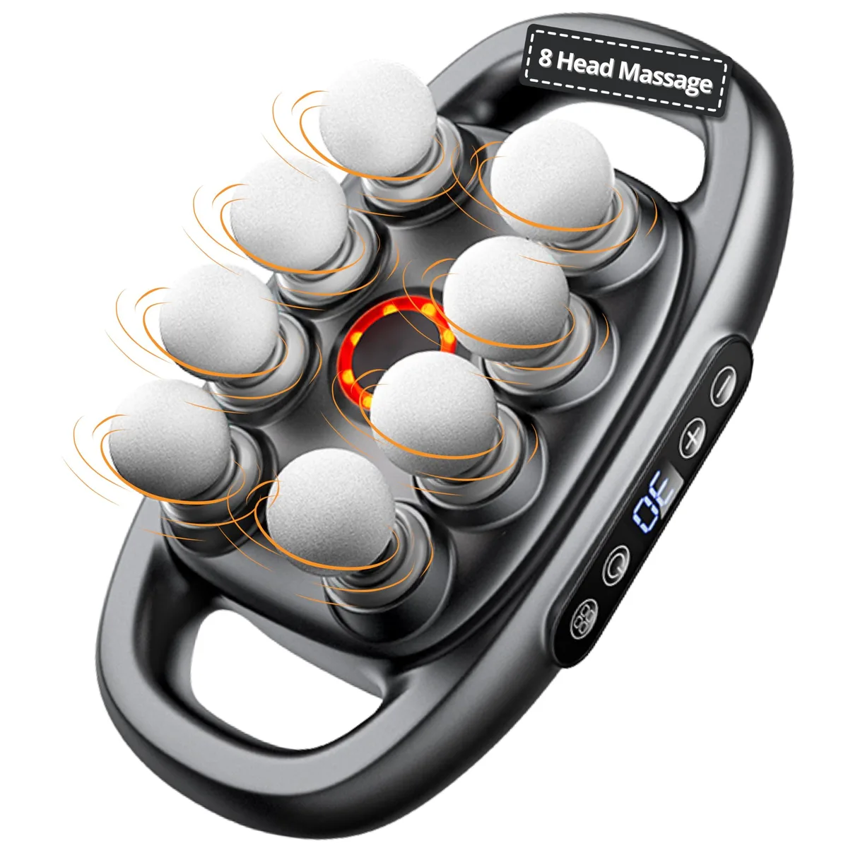 Grey handheld massage gun with eight interchangeable heads