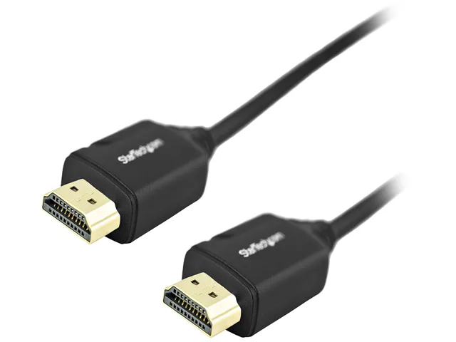 Short black HDMI cable with gold male connectors at both ends
