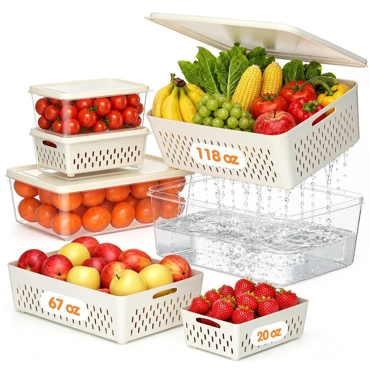 Four red plastic containers with soft lids and removable colanders