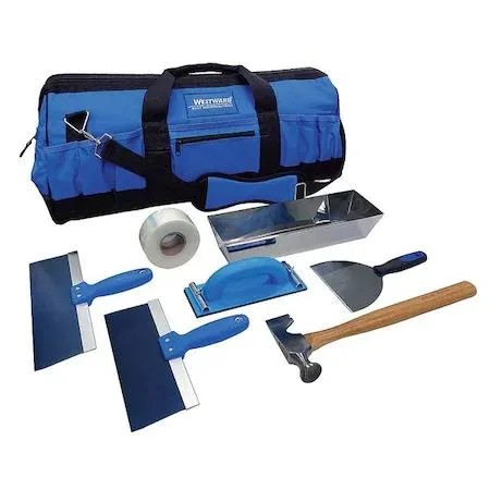 Seven-piece drywall apprentice kit with knives, hammer, mud pan, patch, putty knife and sander