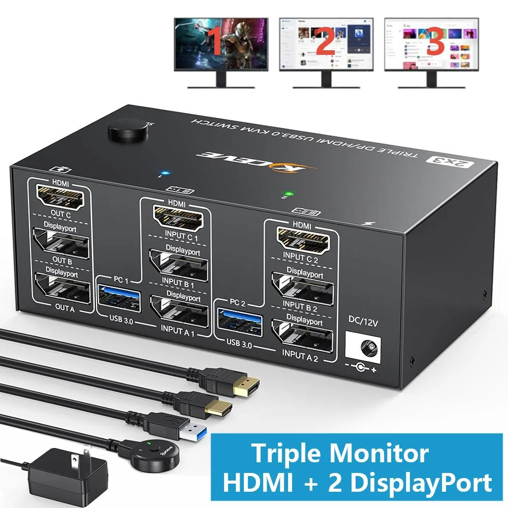 Hitoor Hitoor 2 PC 3 Monitor KVM Switch 8K@60Hz 4K@144Hz HDMI 2.1 2×DP 1.4 4×USB 3.0 Wired Remote — product photo
