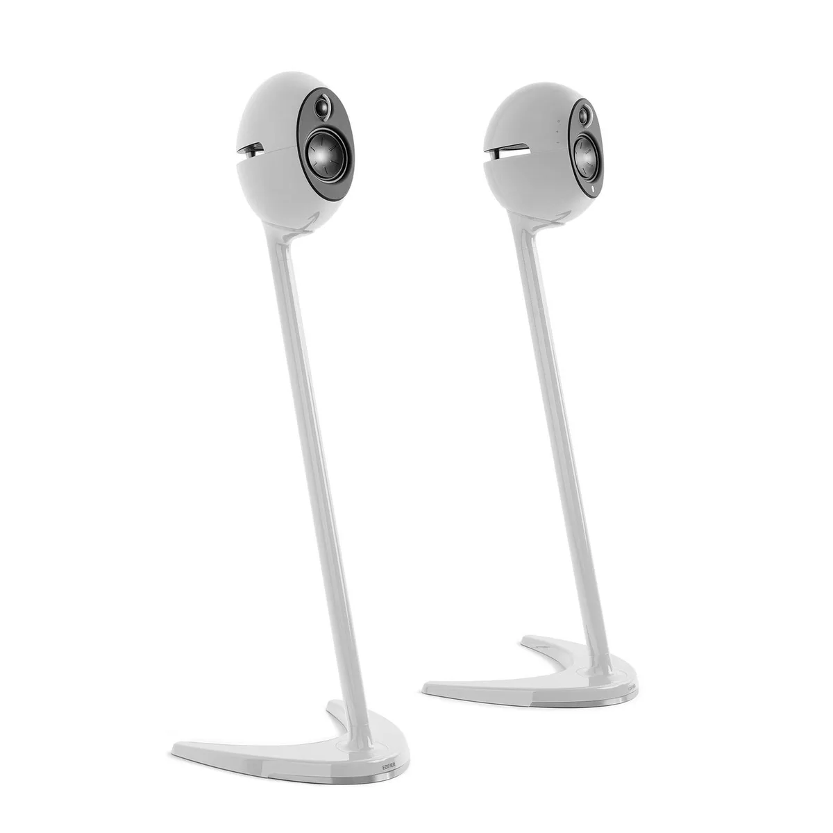 Pair of white curved speaker stands with piano finish and rubber feet