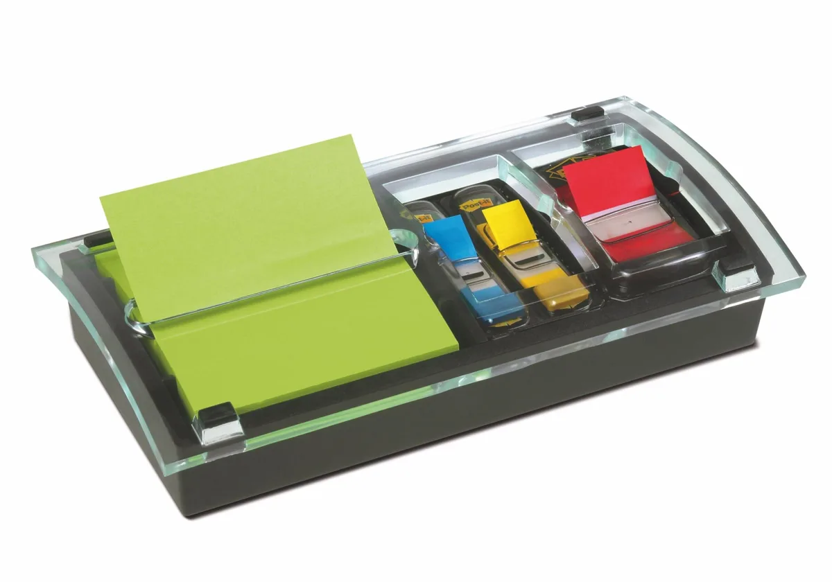 Post-it DS100 dispenser, black base with clear top, holds notes and flags