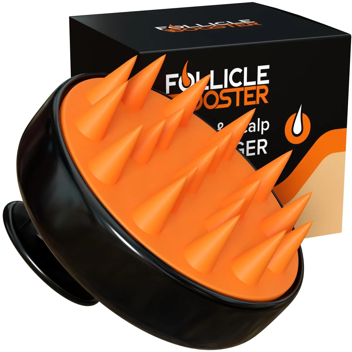 Orange silicone scalp massager with flexible bristles, compact handheld design