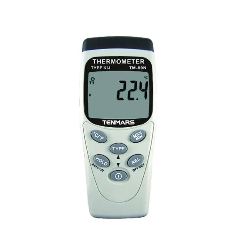 Red handheld thermometer with dual LCD display, single input probe port, function keys, 130x56x38mm