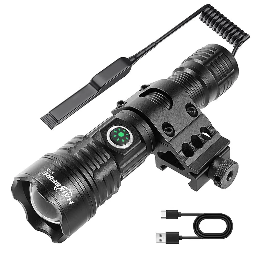Black rectangular tactical flashlight with Picatinny rail mount and USB-C port