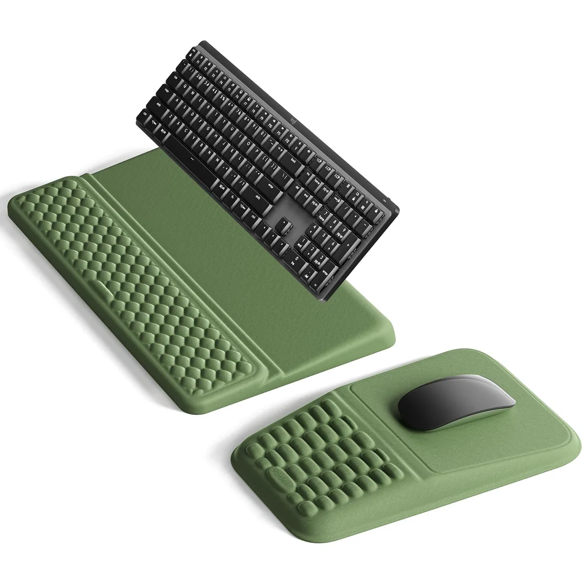 Green keyboard and mouse pad set with memory foam wrist rests, 16.92 by 9.33 inches