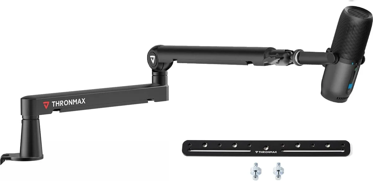 Thronmax low-profile metal microphone boom arm with desk clamp and hidden cable trays