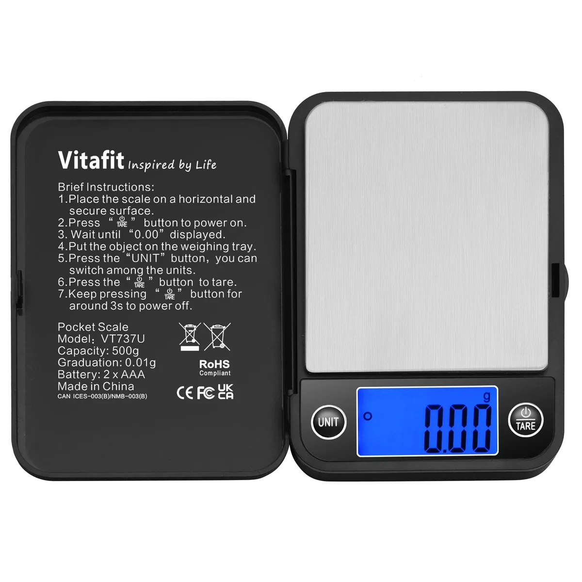 Black pocket scale with flip-open lid and brushed stainless steel platform