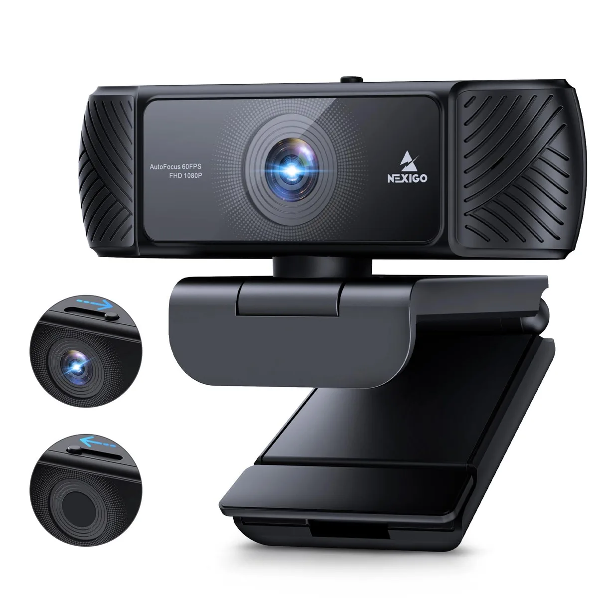 Black rectangular webcam with built-in privacy cover and stereo microphone