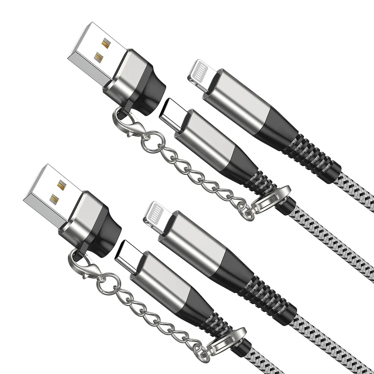  WWB 2-pack USB-C to Lightning cable 6 ft grey with USB-C to USB-A adapter keychain — product photo